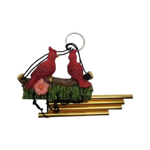 Two Red Birds Wind Chimes Resin 8"  Resting on Floral Branch Grass Metal Rod - Picture 5 of 5